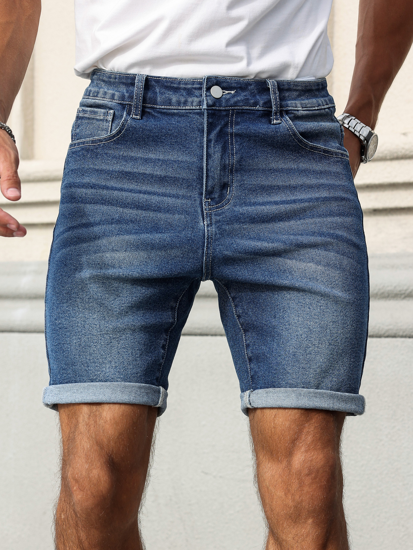 Men's Summer Denim Shorts, with a Blue Retro Texture. The Style Is Simple, Casual, and Street-Style.