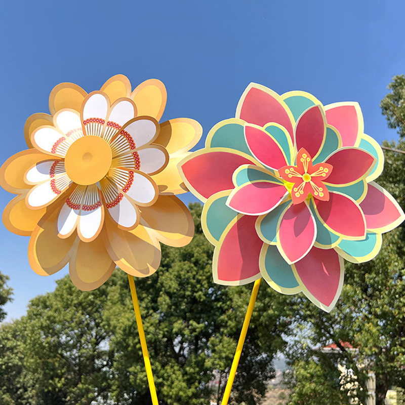 1Pc Double Layered Flower Shaped Windmill Stake Standing Lawn Rotating Flower Pinwheel Garden Decoration Photo Props（Random