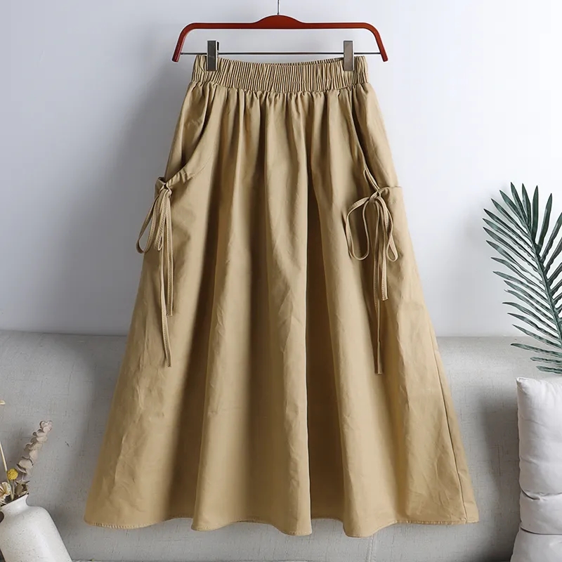 Khaki Solid Casual Elastic High Waist A-line Lace Up Women's Skirt Korean Fashion Mid-Calf Long Skirts For Women 2024 Spring