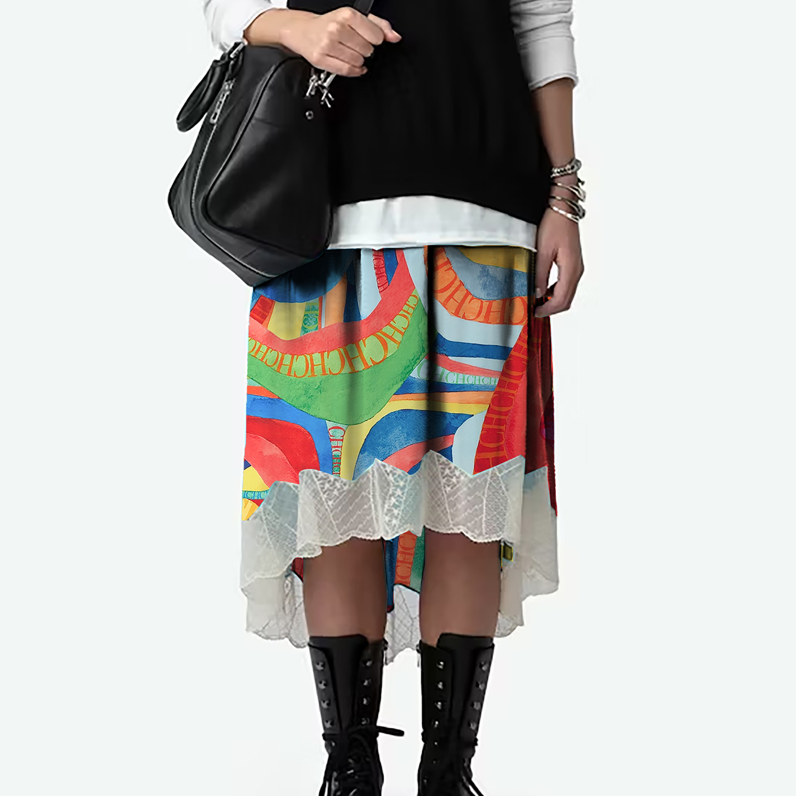 CHCH 2024 Summer New Print Retro Midi Half Skirt Women's Elegant Lace Lower Half Colored Printed Half Skirt