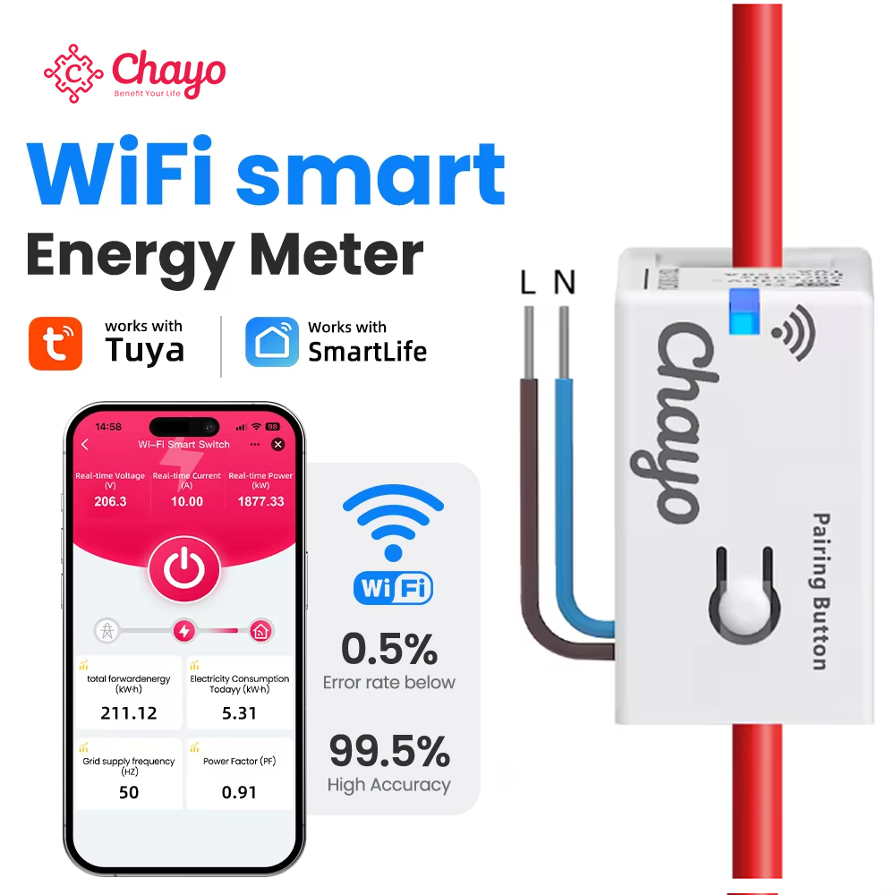 Tuya Smart WiFi Energy Meter - 1-50A Real-Time Power & Energy Monitoring, Home Assistant Compatible chayo