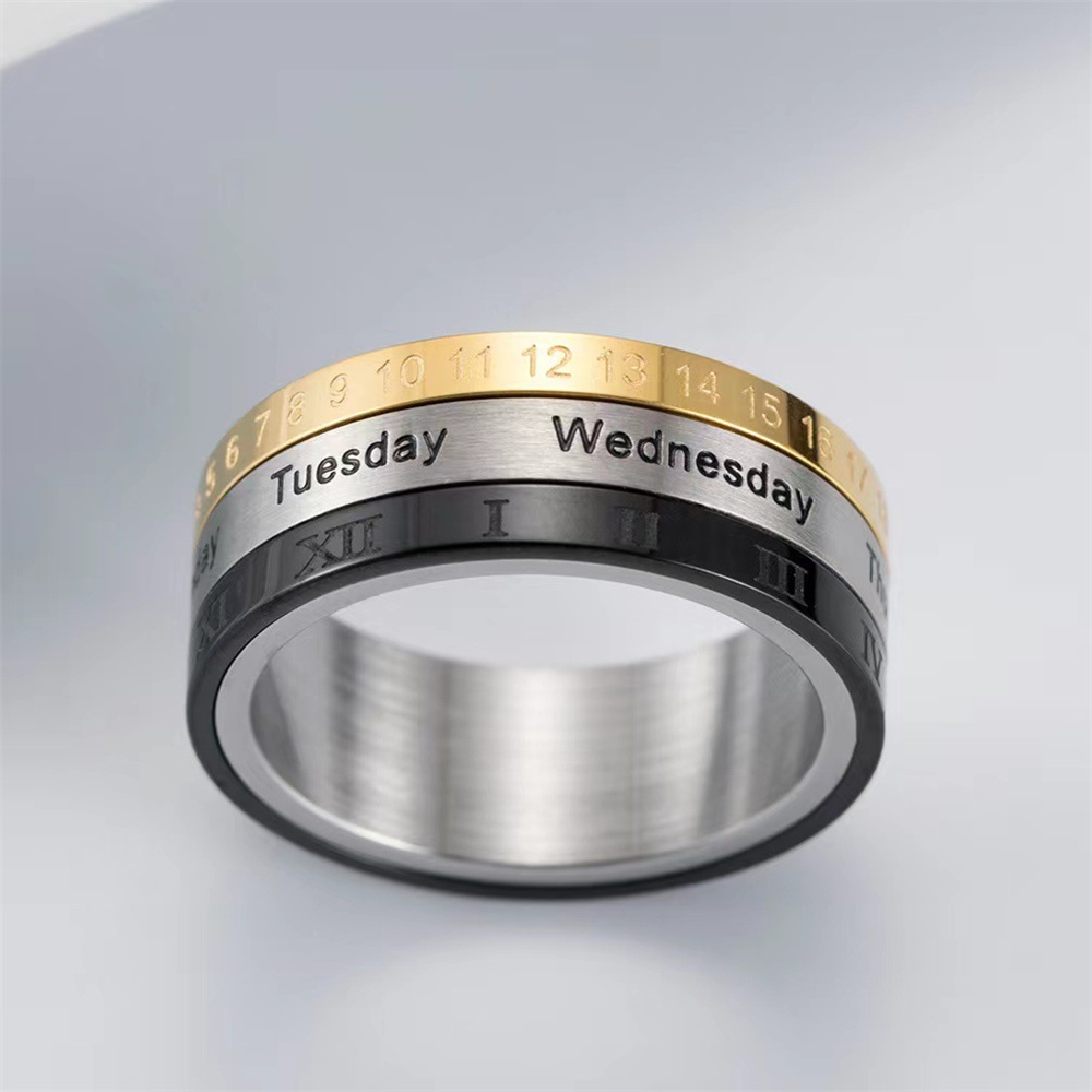 Trendy Stainless Steel Roman Numeral Men's Ring Time Calendar Rotating Ring For Women Fashion Jewelry Retro Accessories Dropship