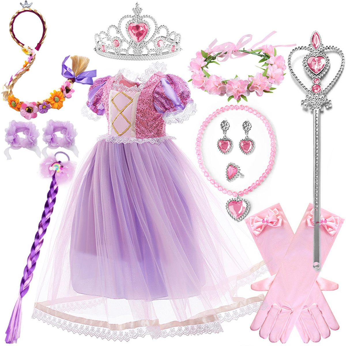 2026 Disney Summer Rapunzal Girl Cosplay Tangled Short Sleeves Princess Dress Birthday Party Vestido Dress + Accessories Set