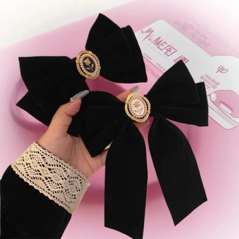 New Black Velvet Bow Ribbon Hair Pins Elegant Fabric Camellia Hair Clips For Women Fashion Ponytail Barrette Heawear Accessories