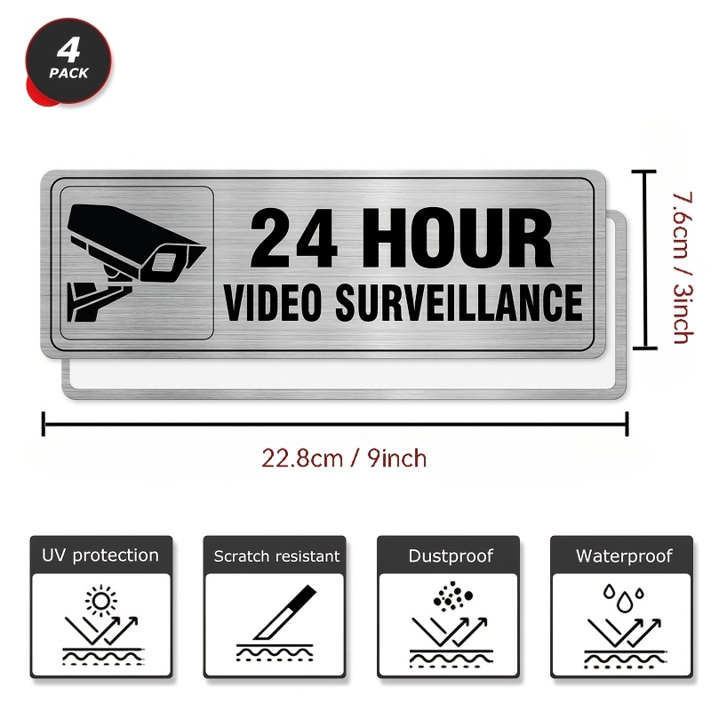 24-hour Video Surveillance Aluminum Signs - Silver, Metal Door/wall Signs, for Commercial and Restaurant Security wall decor