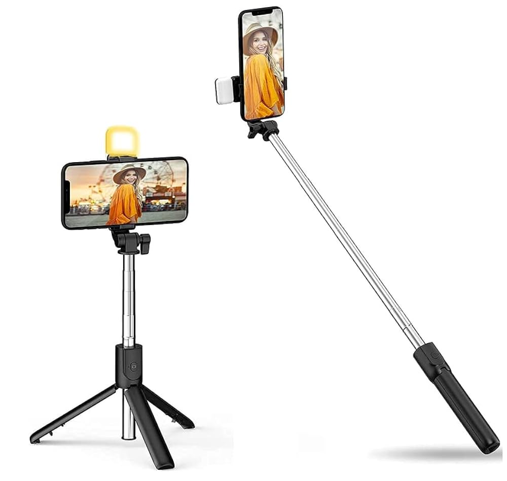 R1S Portable Selfie Stick with Mini 3 Legs Tripod Stand with LED Fill Light