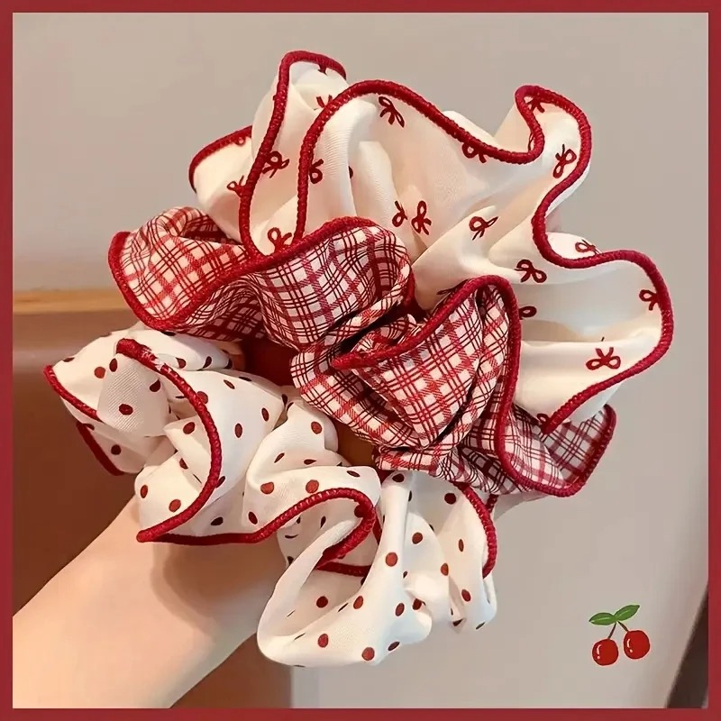 1pcs High End Red Cute Dot Plaid Scrunchies for Women Girls Soft Elastic Hair Ties Gentle Hair Bands Fashion Hair Accessories