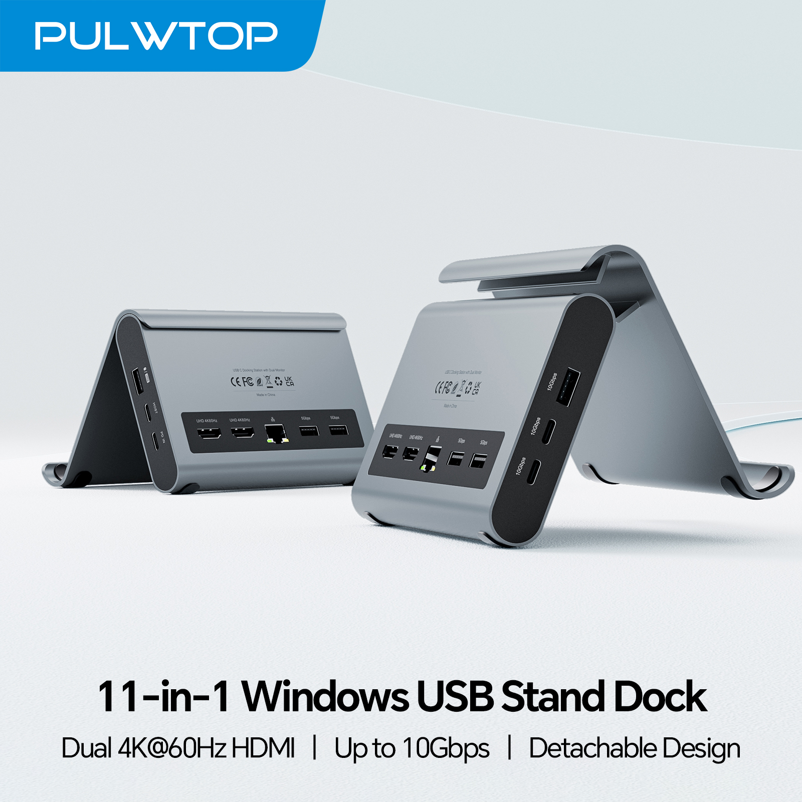 PULWTOP USB C Docking Station Dual Displays with 2 XHDMI 4K, 3 X USB-C/A 10Gbps, 2 X USB-A 5Gbps, USB-2.0, Ethernet, PD