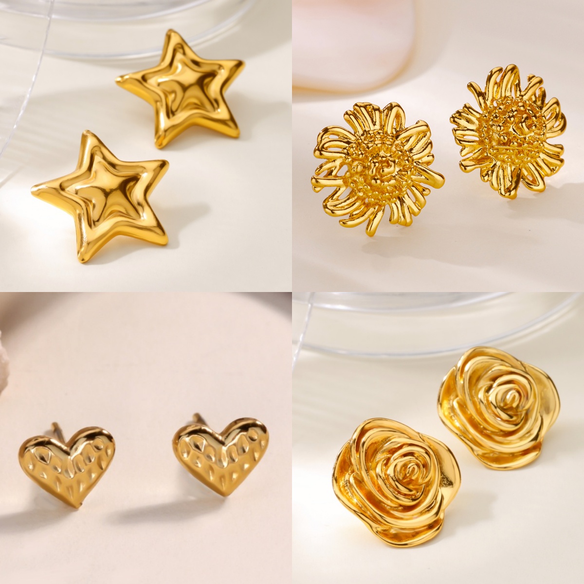 Elegant Star Women's Earrings Stainless Steel Gold Plated Floral Heart Jewelry Free Shipping