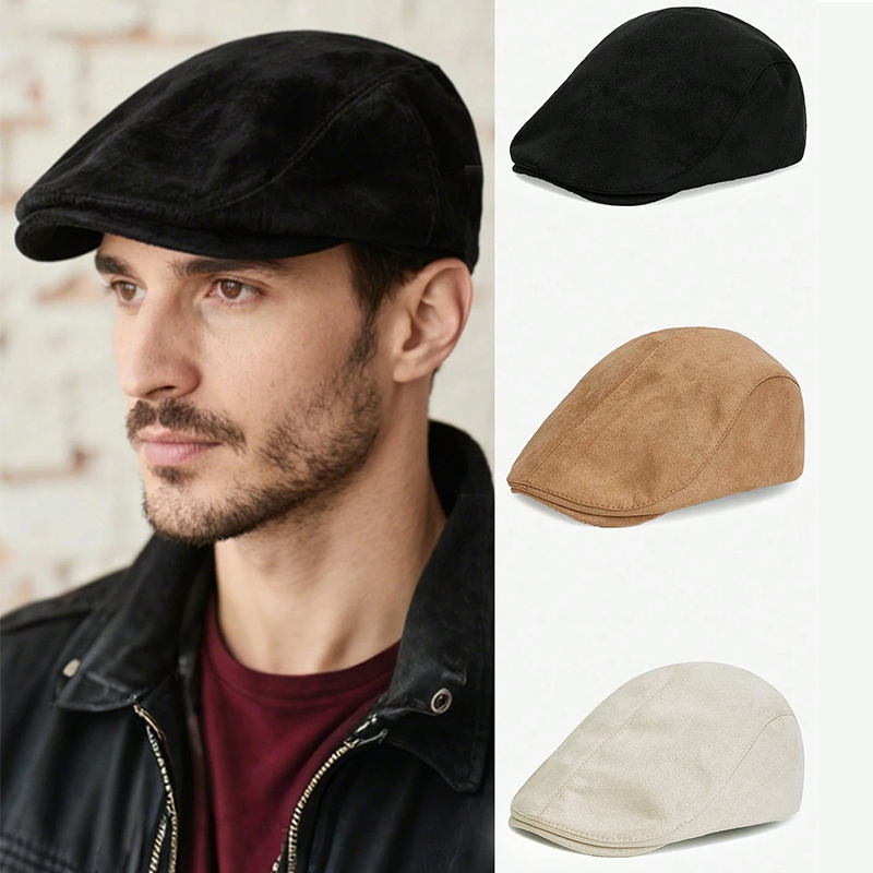 1pc Suede Beret,Men's Solid Color Suede Wide Brim Adjustable Japanese Style Simple Casual Brim Beret Suitable for Vacation Trave