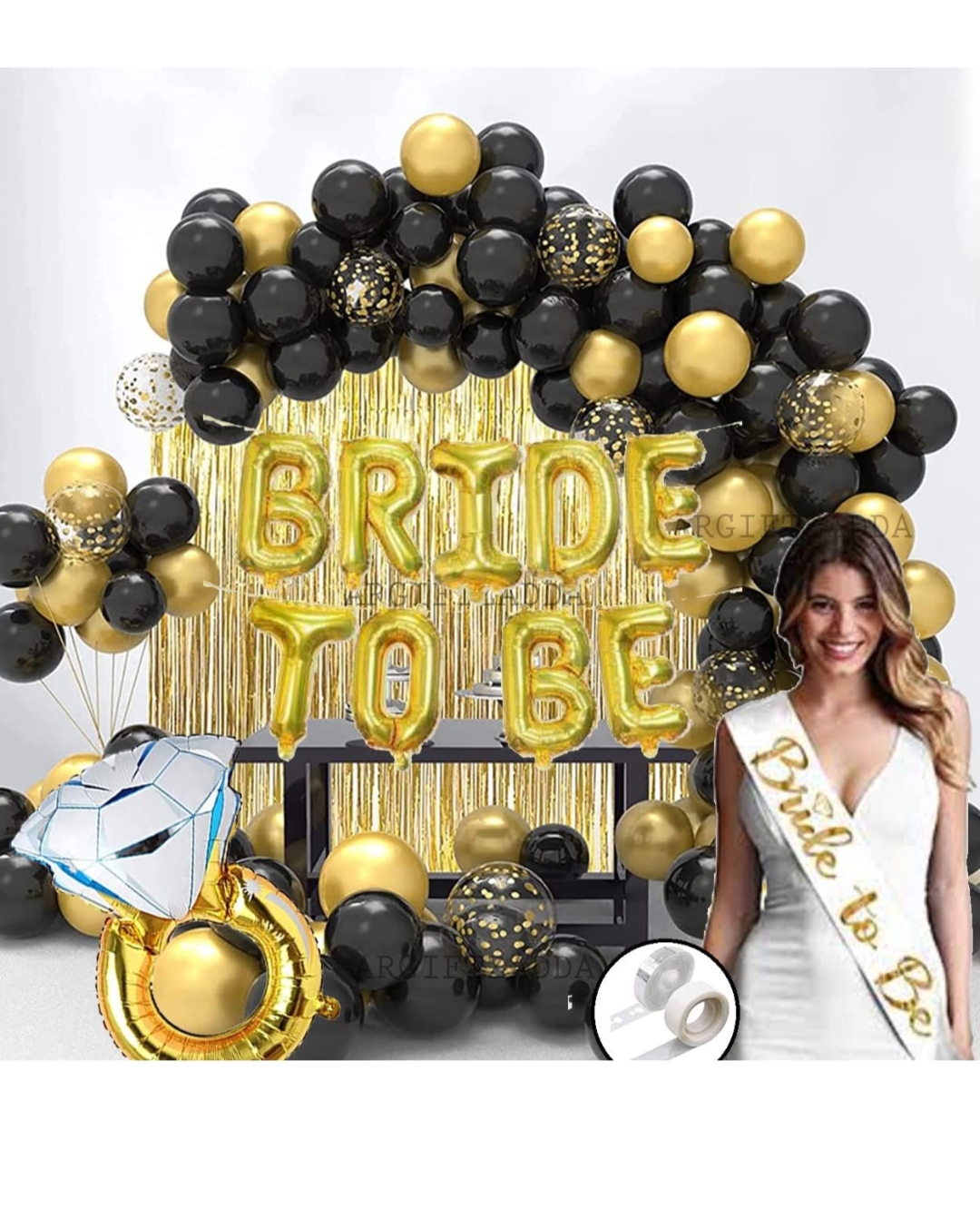 BrideTo Be Bridal Shower Party Decoration Arch Kit with (White Satin Sash + Bride To Be Foil + 1 Pc Ring Foil + 30 Pcs Black Gold Balloons + 3 Pcs Confetti Balloons + 2 Pcs Gold Curtains + 1 Arch & Glue Dot Tape) for Bachelorette Party, Bridal / Bridal Sh