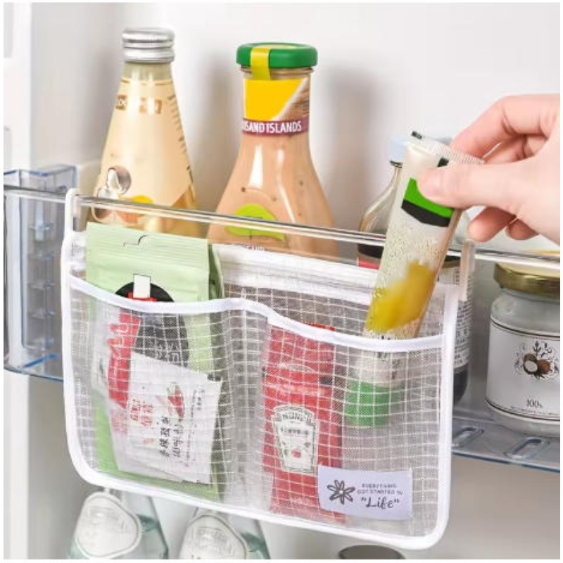 1pc Refrigerator Hanging Mesh Bag Double Compartment Storage Mesh Bag Hanging Refrigerator Side Door Household Storage Bag