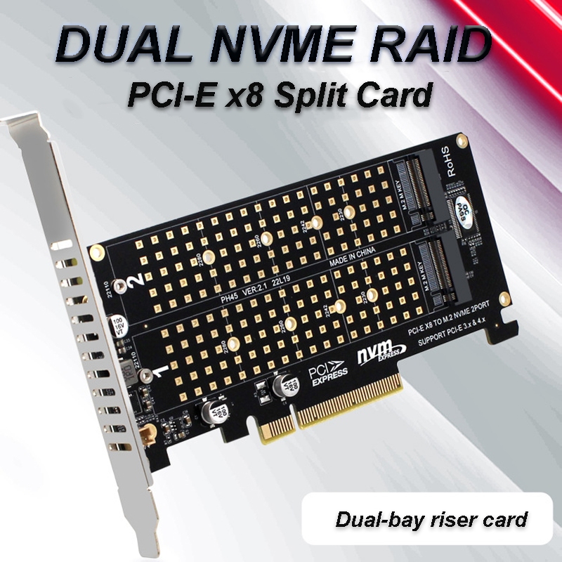 Dual NVMe RAID PCIe X8 4.0 Adapter 64Gbps M2 NVME M KEY Riser Card for 2230 2242 2260 2280 22110 NVME SSD