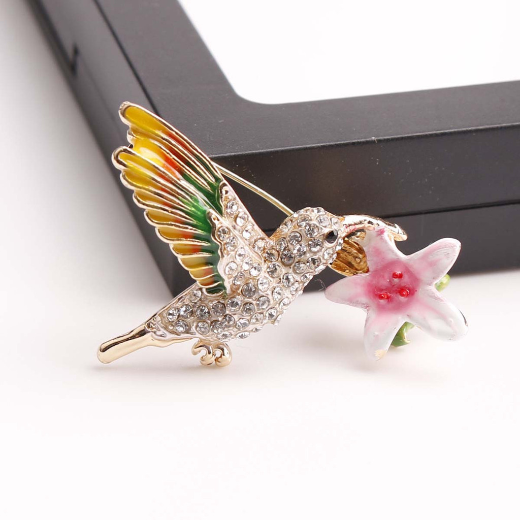 Luxury Design Style Hummingbird Brooch Pin Cute Clear Rhinestone Pink Enamel Flower Bird Costume Crystal Brooches