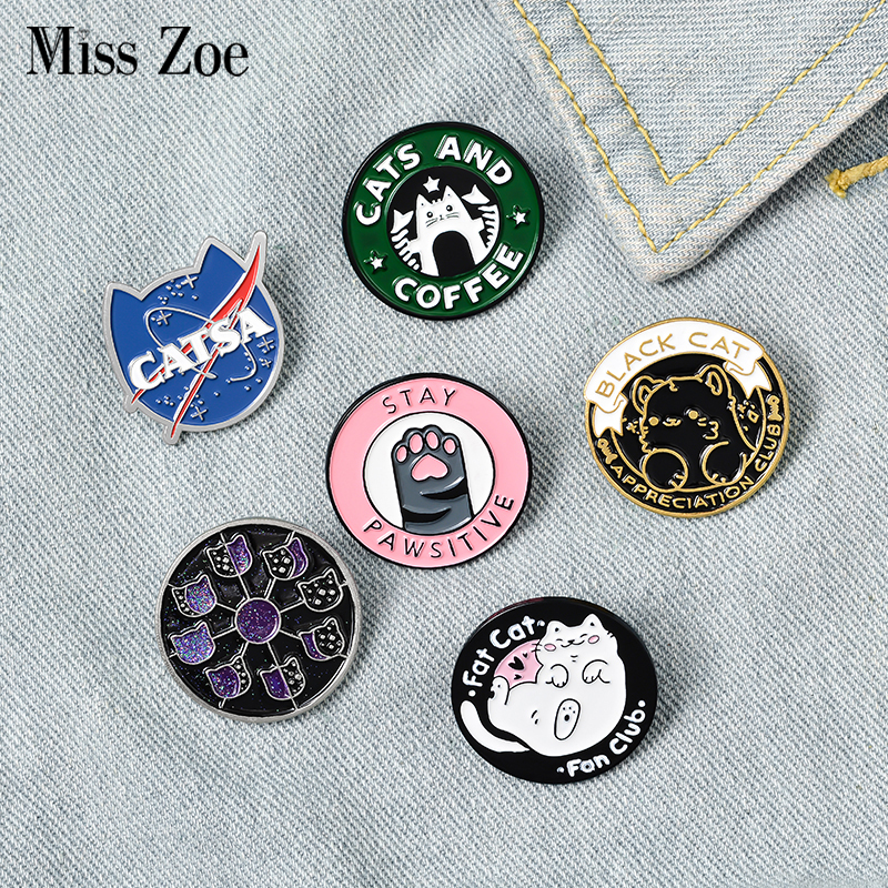 Cats Club Enamel Pin Cat Planet Moon Cafe Paw Badge Custom Kitten Brooches Lapel pin Jeans shirt Bag Cute Animal Jewelry