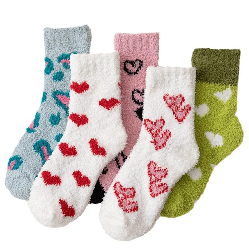 1/5 Pairs Autumn and Winter Coral Velvet Love Sleeping Floor Socks Cute Half Fleece Thickened Warm Women's Middle Socks 2026