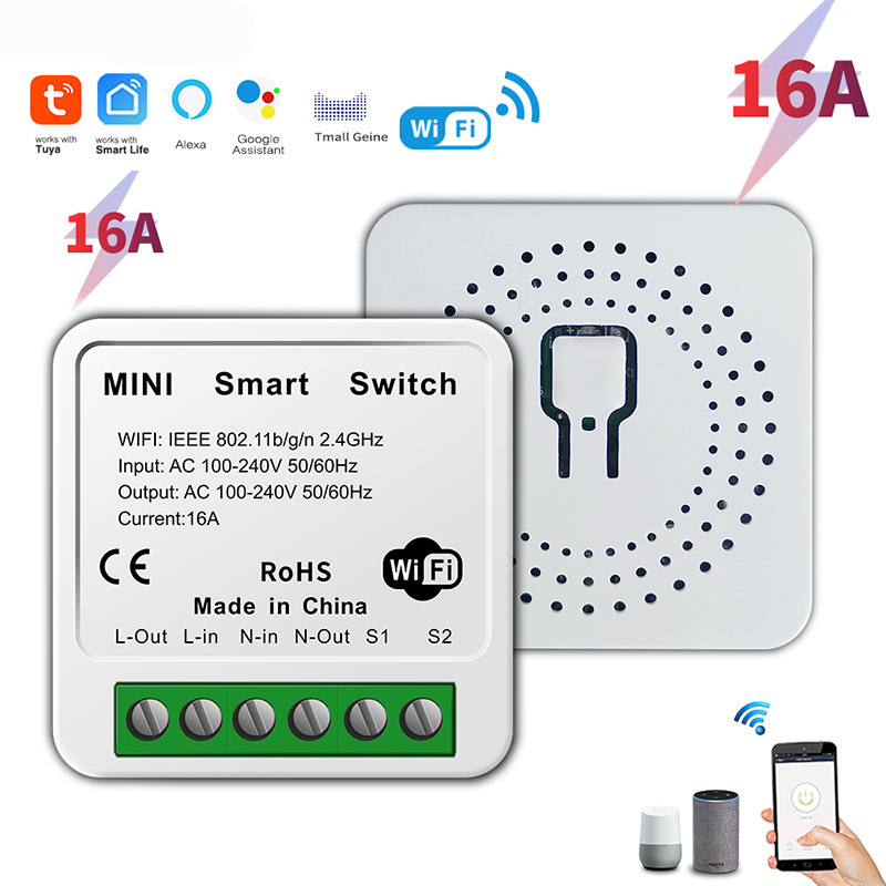 Tuya Mini WiFi Relay Smart Switch 16A 2-way Control Supports Alice, Alexa, Home Smart Life Applications