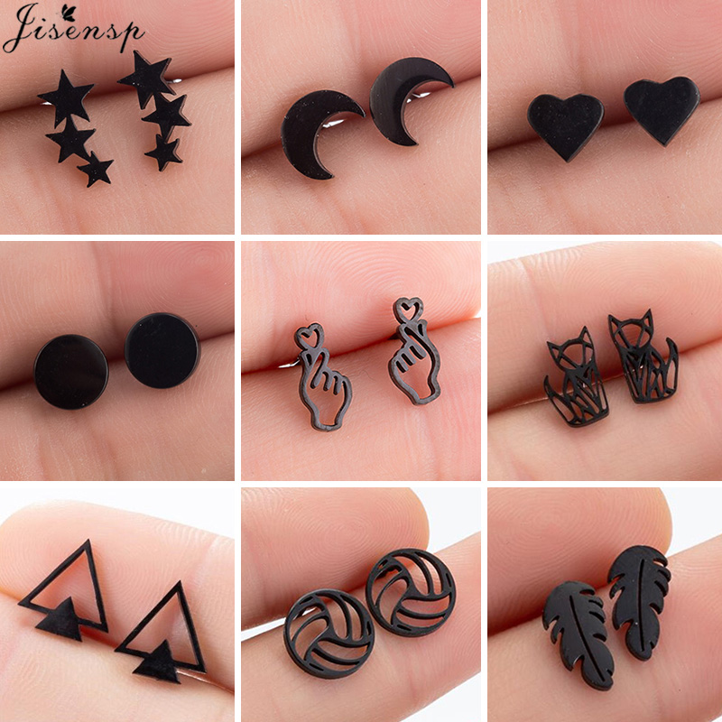 Multiple Black Stainless Steel Stud Earrings for Women Men Fashion Volleyball Leaf Fox Star Moon Earings Piercing Jewelry