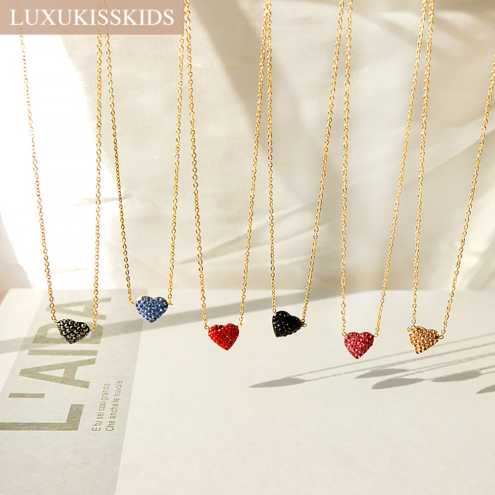 LUXUKISSKIDS Rhinestone Heart Pendant Necklace Woman/Girls Clavicle Choker Tiny Red Pink Black Simple Love Jewelry Romantic