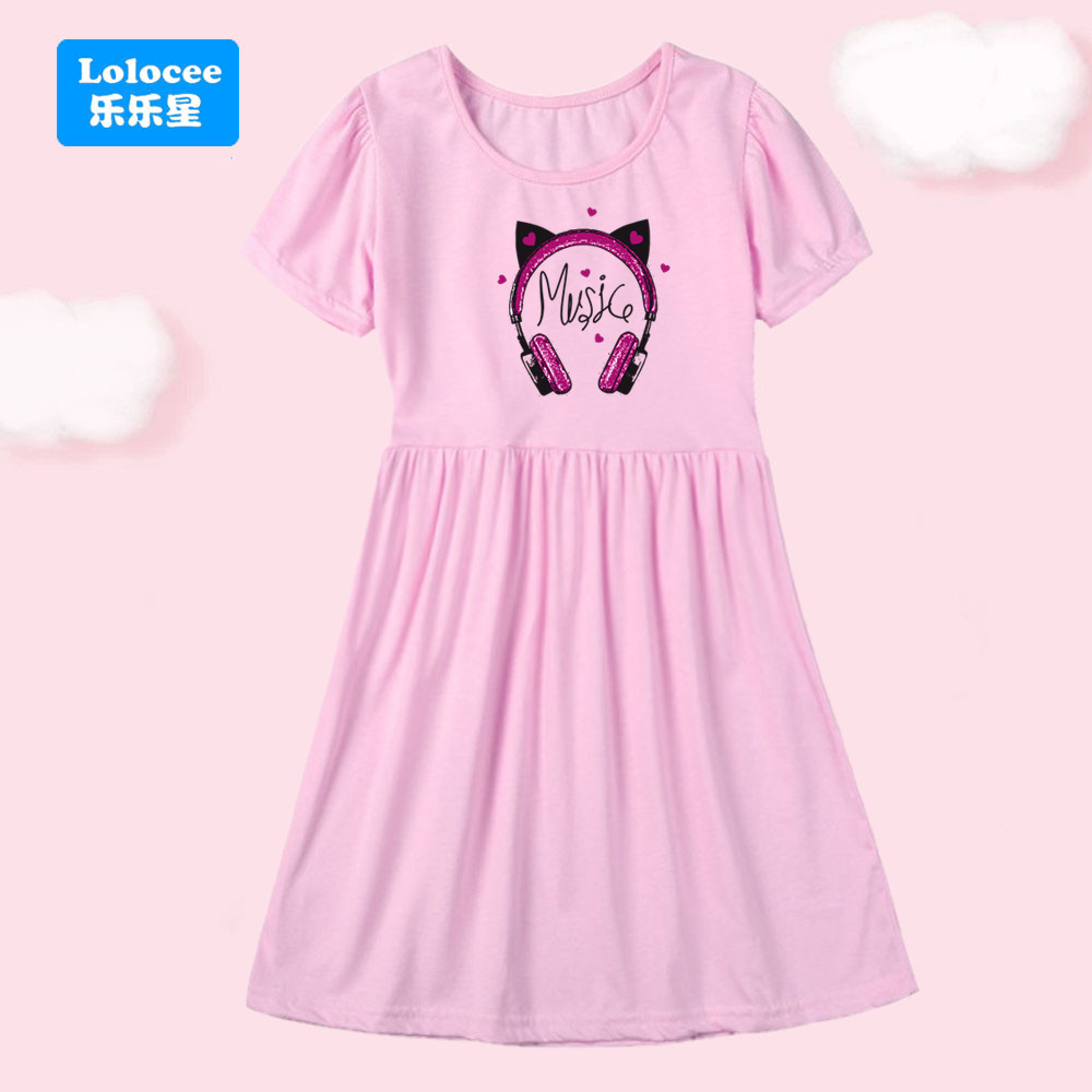 2025 New Summer Children's Dress for Baby Girls Cotton Casual Dress Cartoon Cute Cat Ear Headphone Print Dresses EJM1