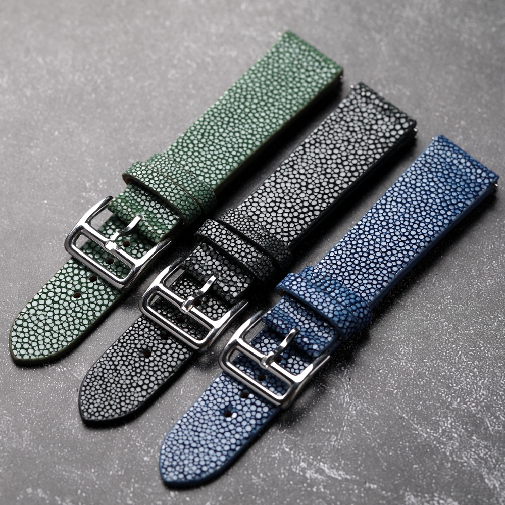 Handmade Pearl Fish Leather Strap, 18 19 20 21 22MM Devilfish Vintage Black Green Blue Soft Wearable Men's Bracelet, Premium Lea
