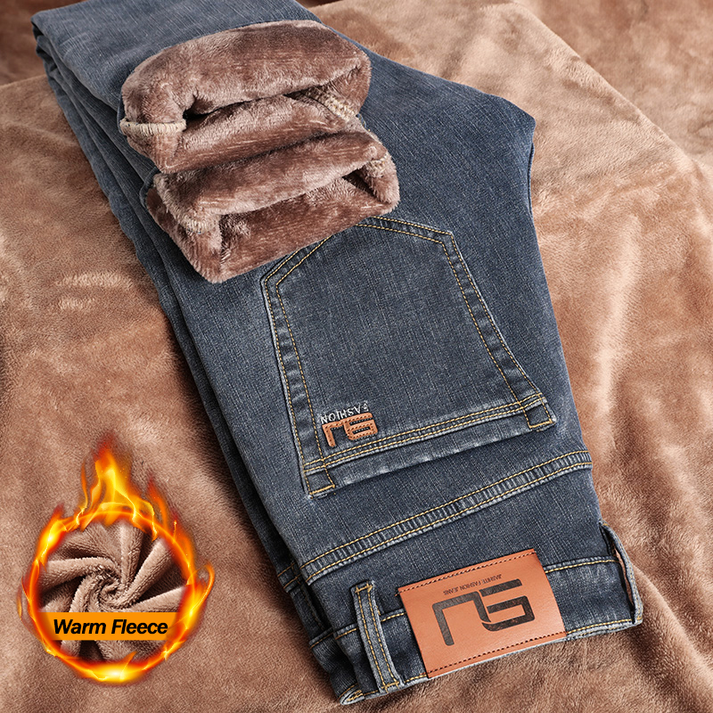 High Quality Winter Jeans Men's Warm Fleece Thickened Elastic Denim Pants Fashion Straight Elastic Retro Plush Velvet Pants