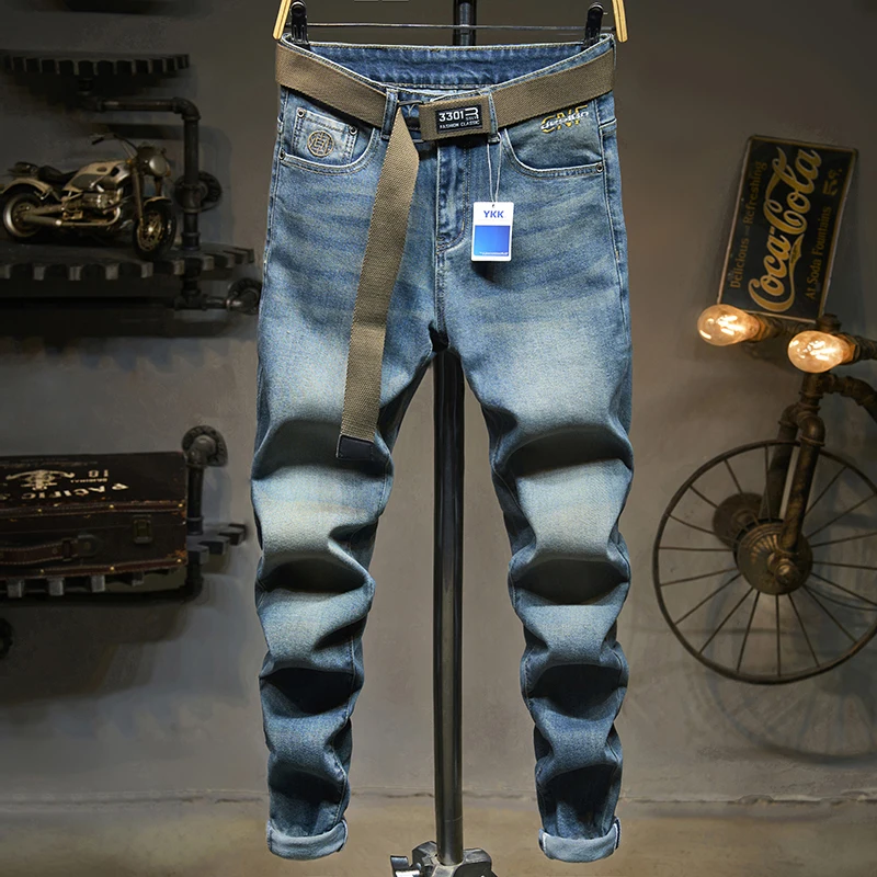 Vintage Blue Jeans Men Slim Autumn New Fashion Stretch Motorcycle Pants Streetwear Small Feet Casual Korean Denim Trousers