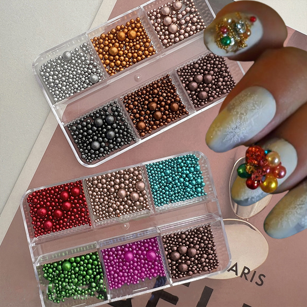 6/12Grids 3D Christmas Matte Round Pearl Nail Art Decorations Colorful Mixed Size Caviars Bead Nail Charms for DIY Manicure Part