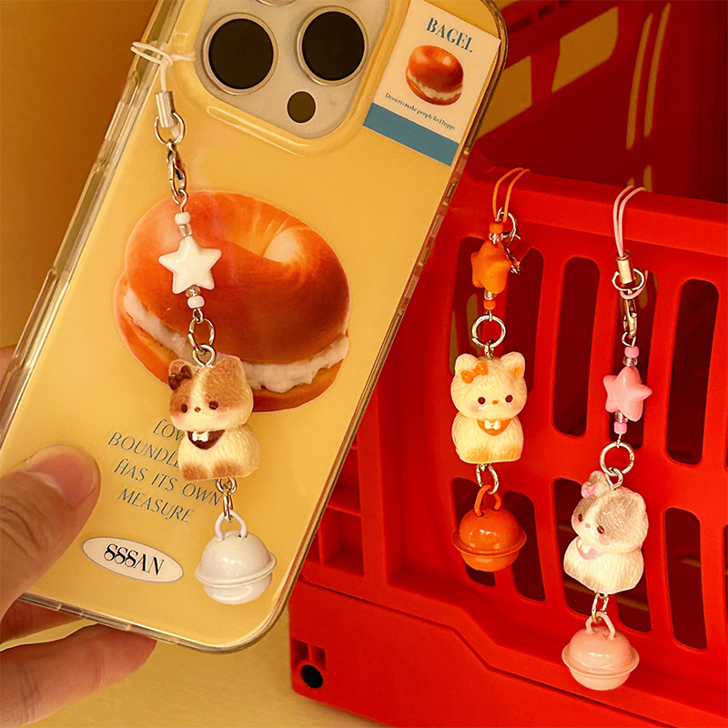Bell Cat Bead Keychain Cartoon Kitten Star Phone Charm Handmade Ornament Jewelry Keyring Phone Chain Lanyard Pendant Girls