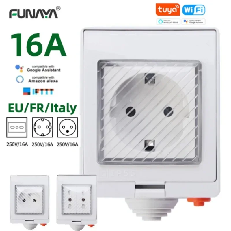 Tuya WIFI Outdoor Smart Socket EU FR Itlay 16A 4000W IP55 Remote Waterproof Electrical Socket Garden