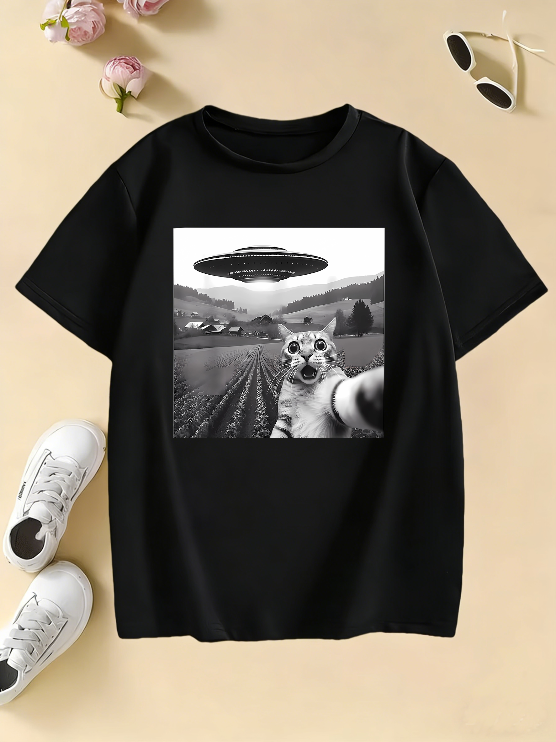 Funny Casual Ufo Cat Kawaii Design Print T Shirts Kids Children's T-shirt Anime Boys Girls Summer Spring Casual Top Tee