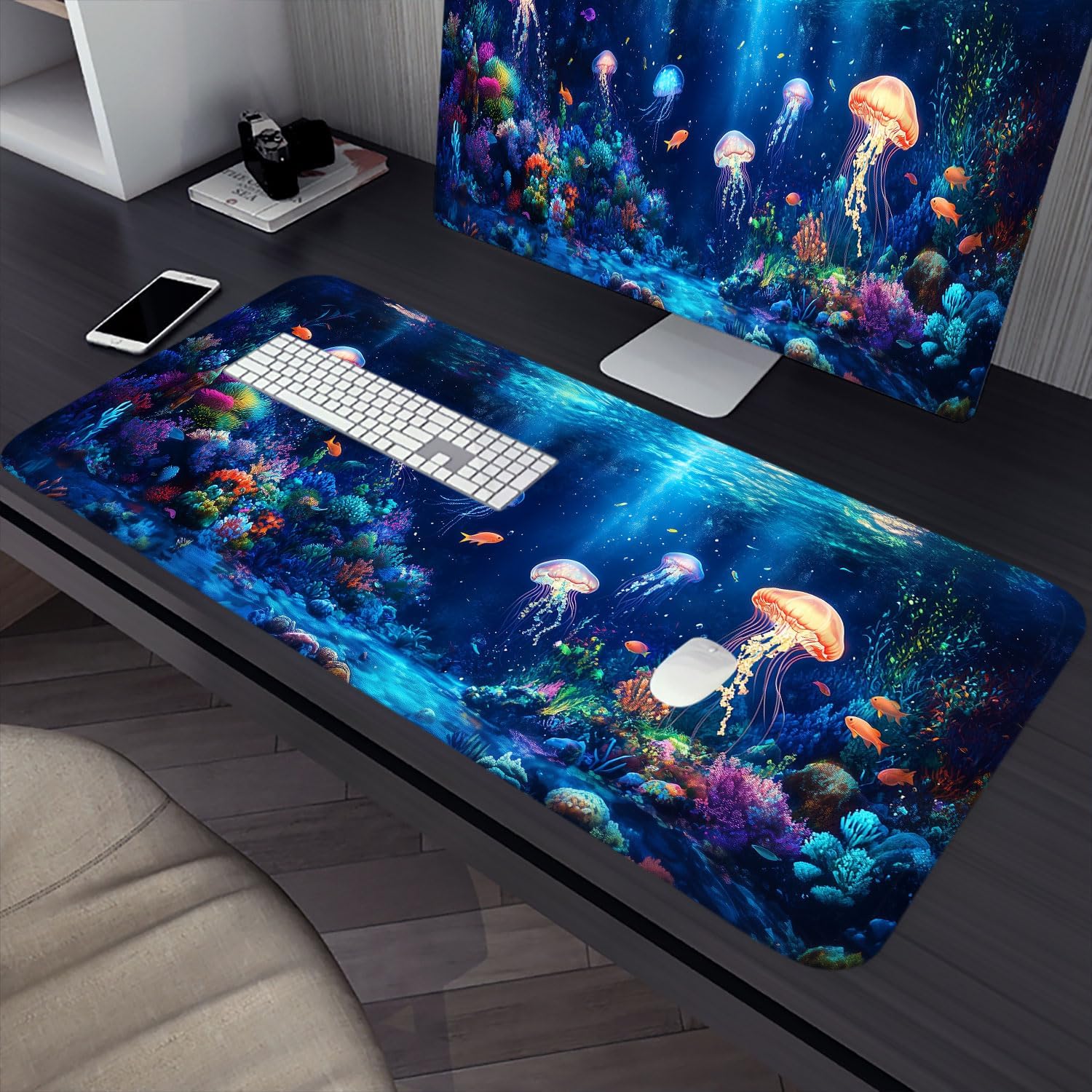 Ocean Jellyfish Gaming Mouse Pad Colorful Underwater Fish Coral XL ExpansionPad Computer Office Keyboard DeskPad Thick Anti slip