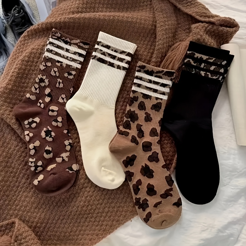 4 pairs/women's fashion mid-knee socks, striped leopard print pattern trendy socks women's, comfortable soft sports socks