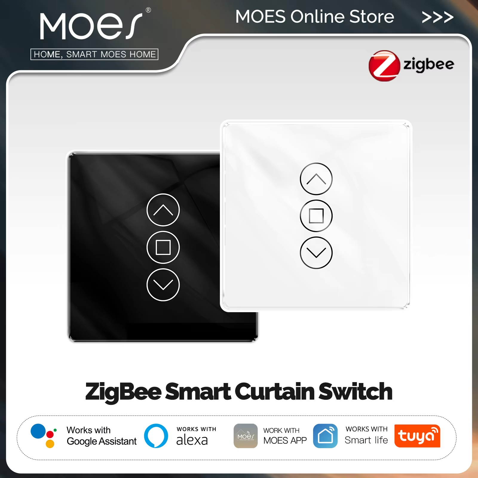 MOES ZigBee Curtain Switch 2.5D Smart Arc Glass Touch Panel App Remote Control Work With Alexa Home Tuya