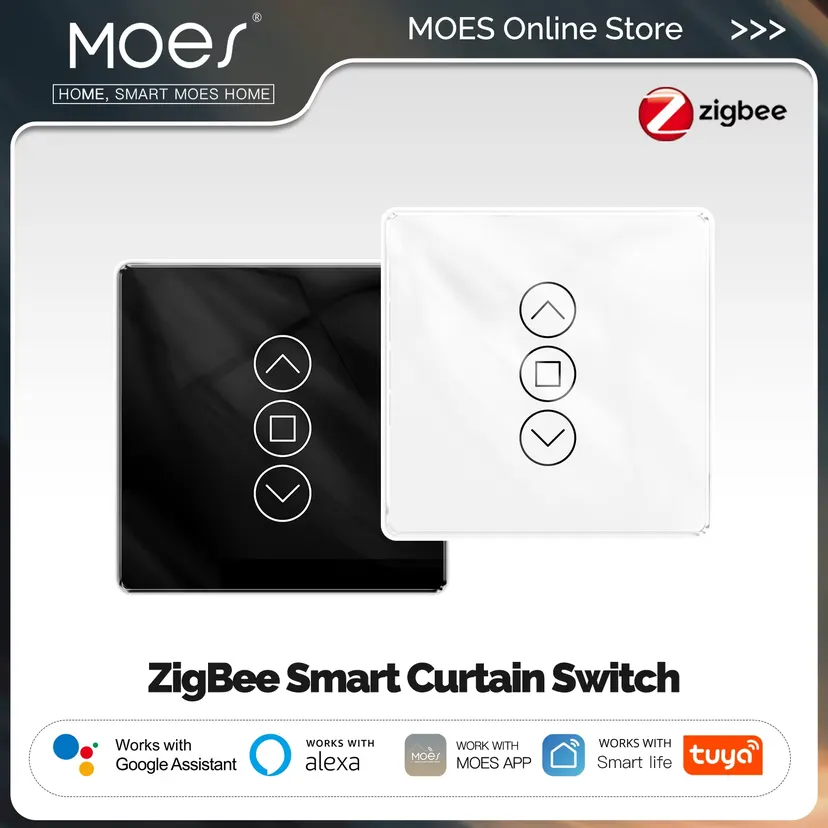 MOES Tuya ZigBee Smart Curtain Switch 2.5D Support RF433 Arc Glass Touch Panel App Remote Control Work With Alexa Home