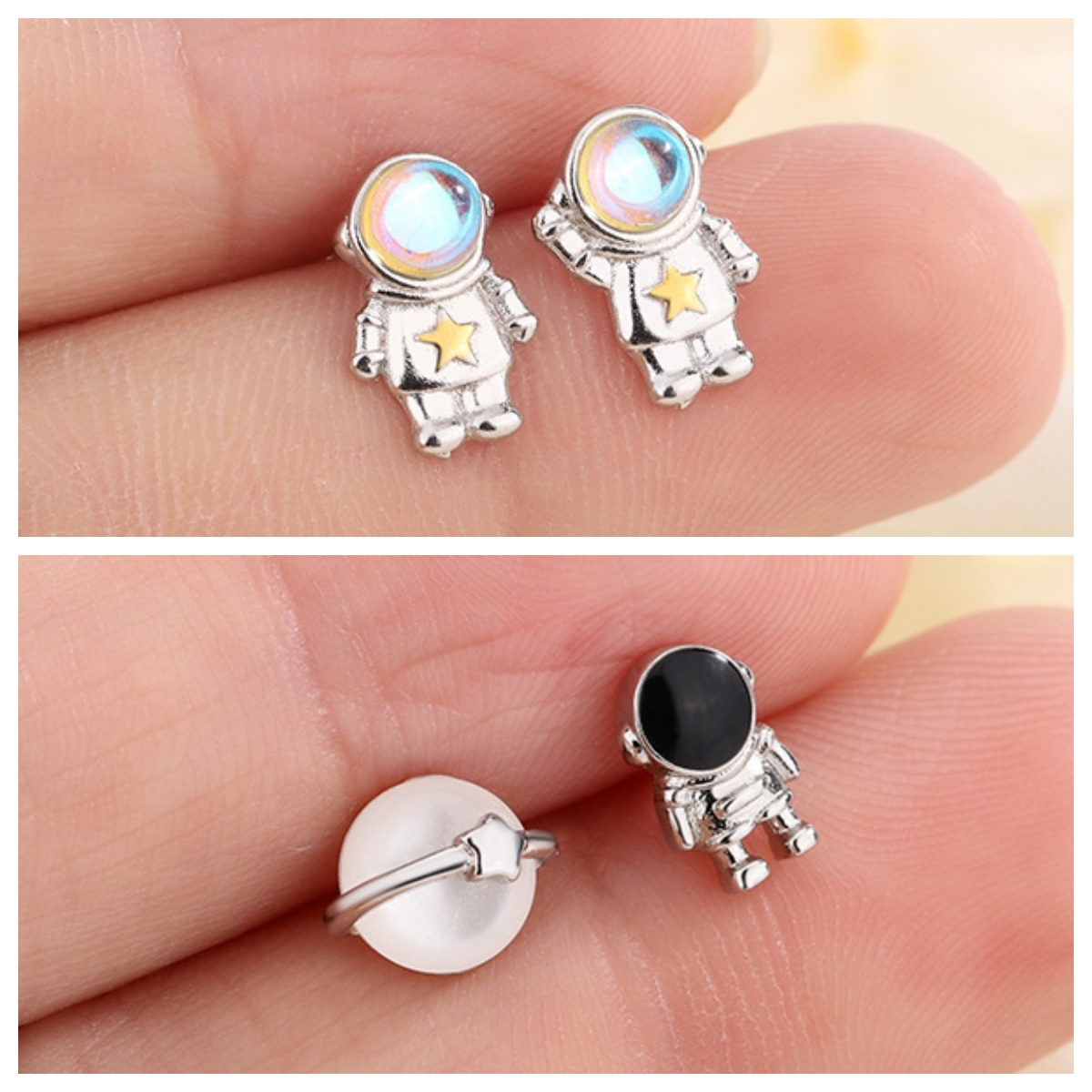 New Cute Space Astronaut Planet Opal Stud Earrings for Women Silver Color Lovely Simple Ear Piercing Jewelry