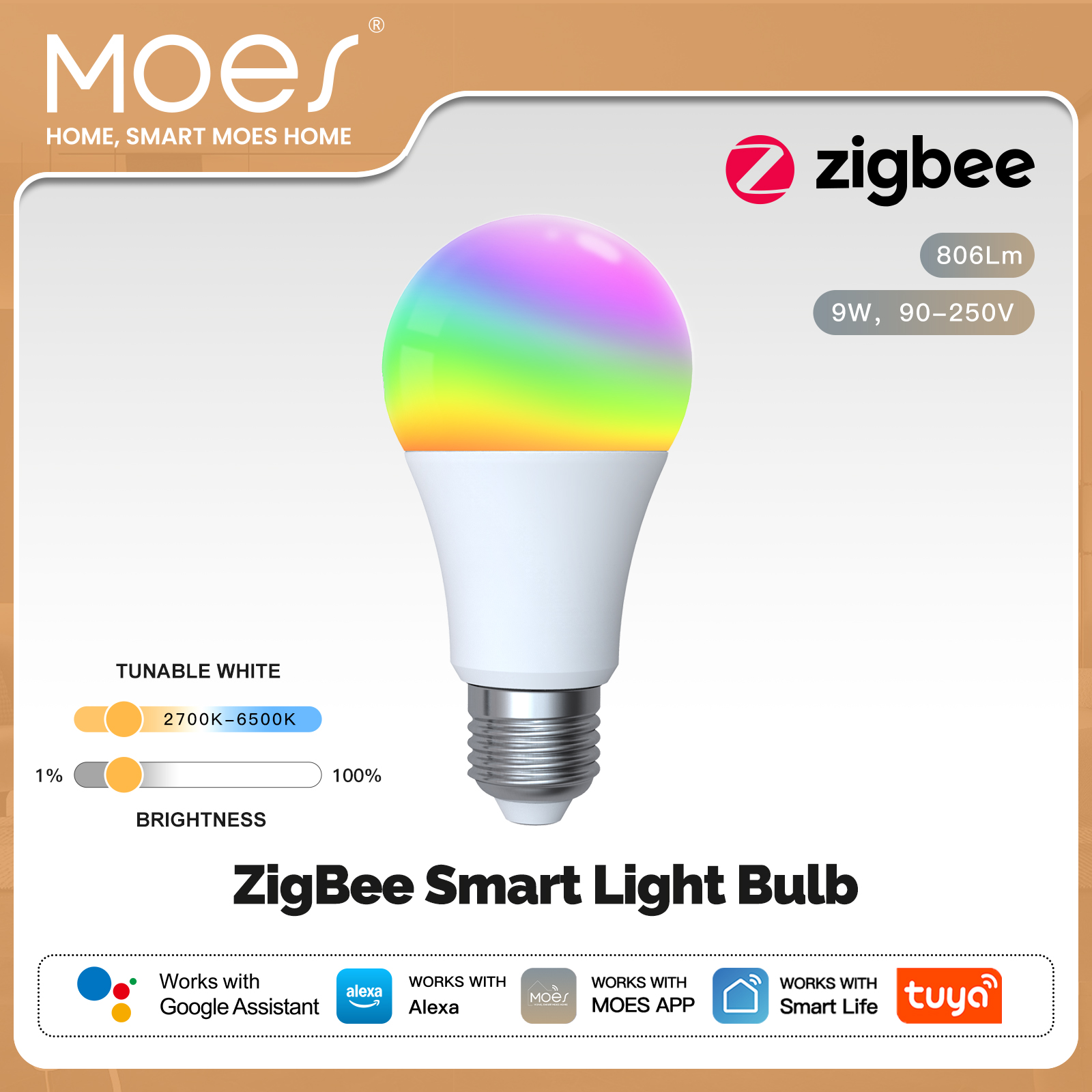 MOES 1-9PCS 9W AC90-240V Tuya ZigBee Smart LED Light Bulb RGB E27 Dimmable APP Remote Control Alexa Home Voice Control