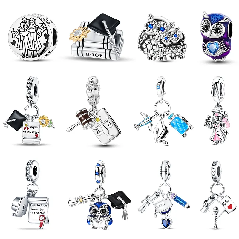 925 Silver Color Graduation Season Series Colorful Owl Bachelor's Hat Charms Bead Fit 3MM 925 Original Bracelets DIY Jewelry