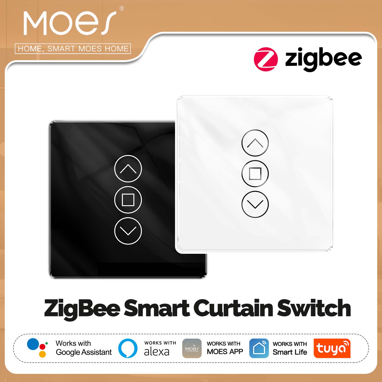 MOES Tuya ZigBee Smart Curtain Switch 2.5D Support RF433 Arc Glass Touch Panel App Remote Control Work With Alexa Home