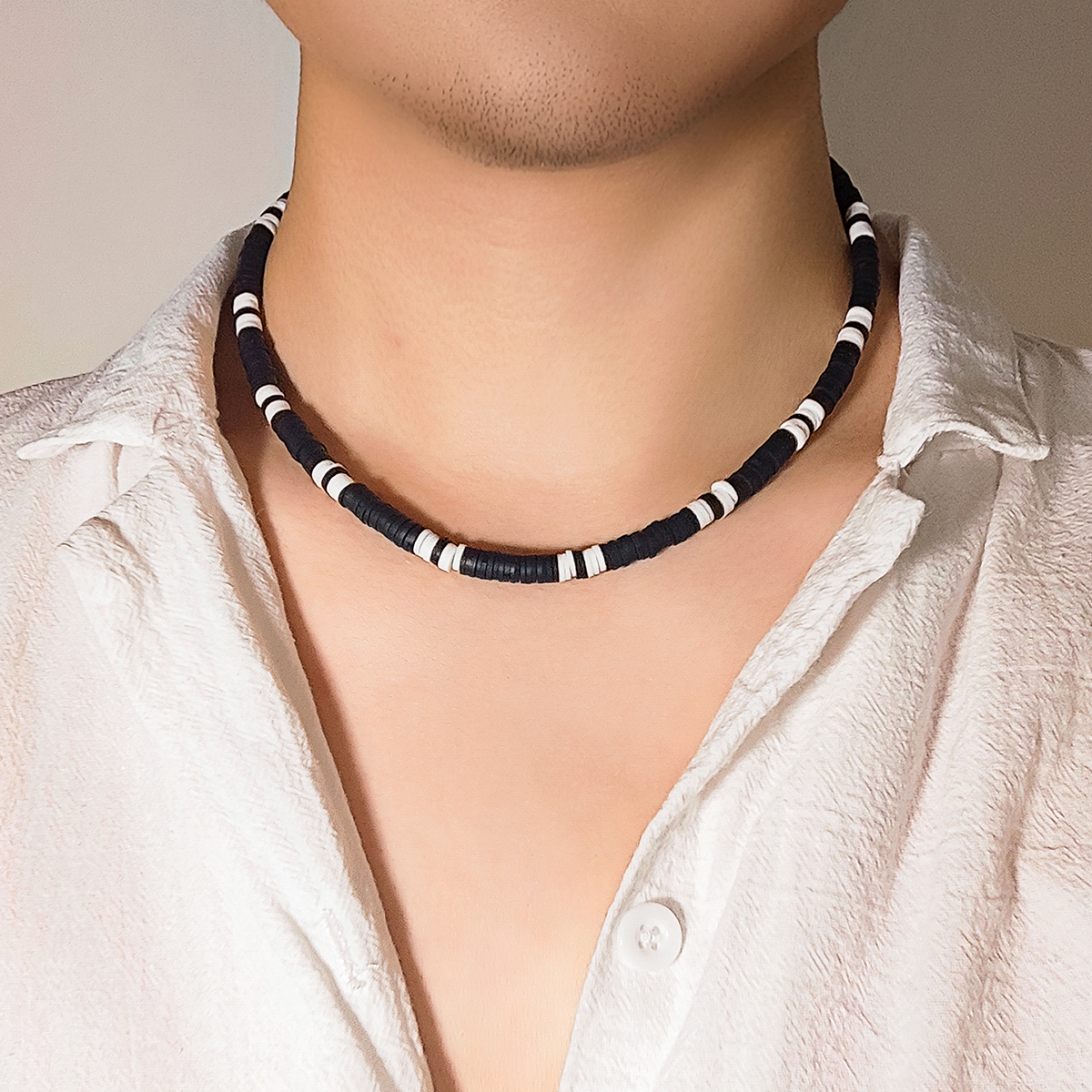 Lacteo Hip Hop Black White Polymer Clay Beads Men Necklace Handmade Strand Choker Simple Jewelry Collar Neck Chain Party New