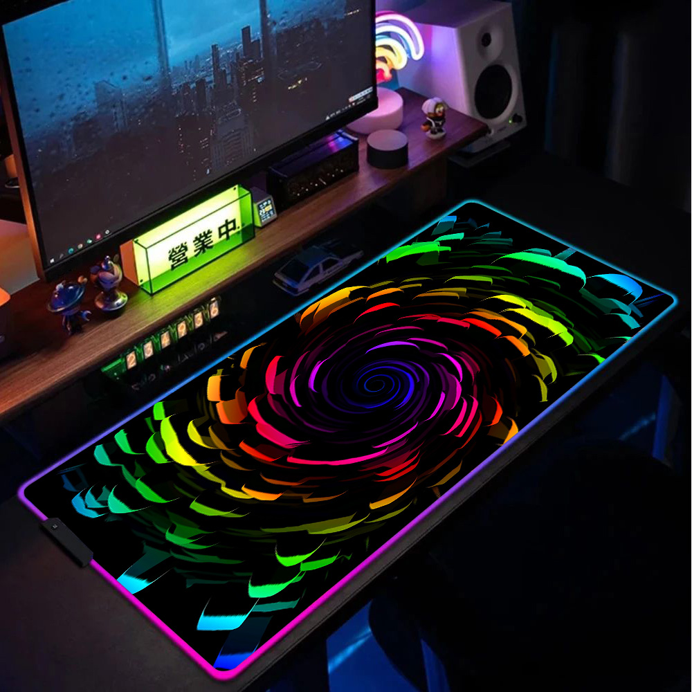 Mousepad Rgb Mouse Pad Rainbow Spiral Abstract Art Painting Computer Desk Accessories Back Light Gaming Room Decoration Deskmat