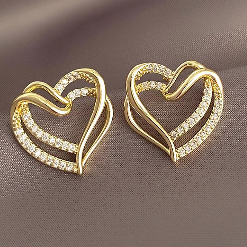 Huitan Lady Heart Stud Earrings Gold Color Inlaid Shining CZ Romantic Wedding Anniversary Party Versatile Accessories Jewelry