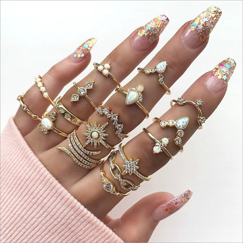 17Pcs/Set Luxury Clear Crystal Stone Wedding Ring for Women Men Water Drop Flowers Sun Geoemtric Jewelry Кольца