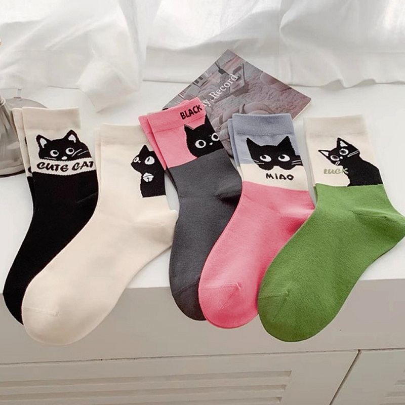 5 Pairs Comfortable Shallow Mouth Women Cotton Socks Cute Cat Pattern Breathable Boat Socks Tube Socks