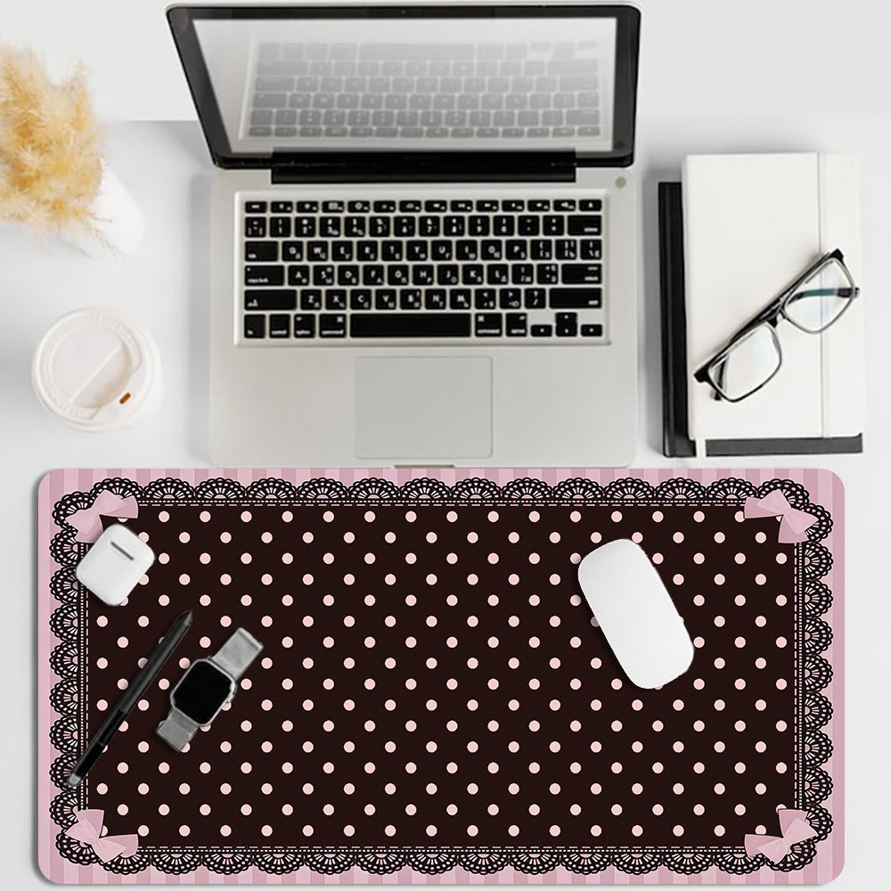 Pink Black Lace Polka Dot Large Gaming Mouse Pad XXL Extended Desk Mat Coquette Decor