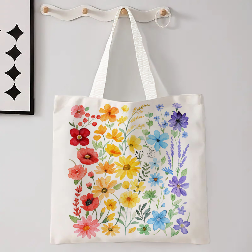 Wildflower Tote Bag White Shoulder Bag with Colorful Floral Book Pattern Rainbow Accents Handbag Polyester Shopping Bag
