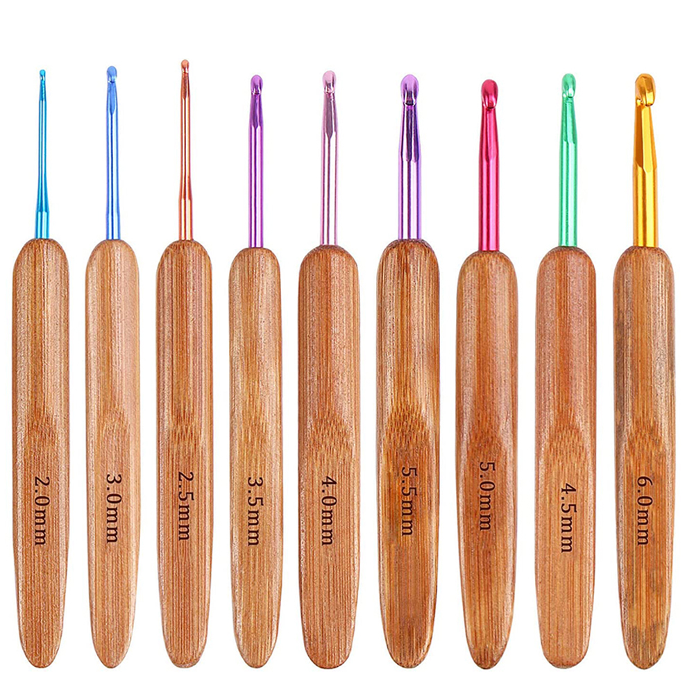 9 Size Vintage Wooden Handle Crochet Set Bamboo Wood Colorful Crochet Creative And Cute Weaving Set DIY Liberty Textile Tools