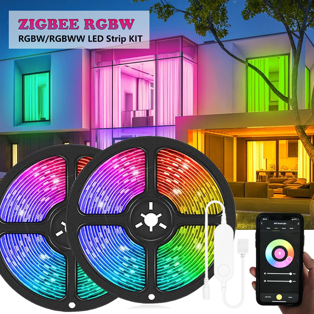 5M 10M Mini Zigbee 5050 SMD LED Strip Light 12V RGBWW RGB+White Flexible Dimmable Room Decoration Lamp KIT for Assistant