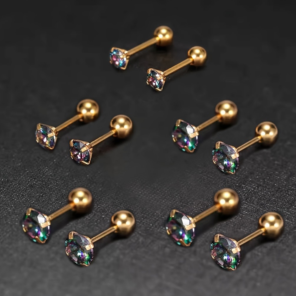 1 Pair Stainless Steel Four-Claw Twist Ball Round Colorful Synthetic Zirconia Stud Earrings Fashionable Versatile Accessory