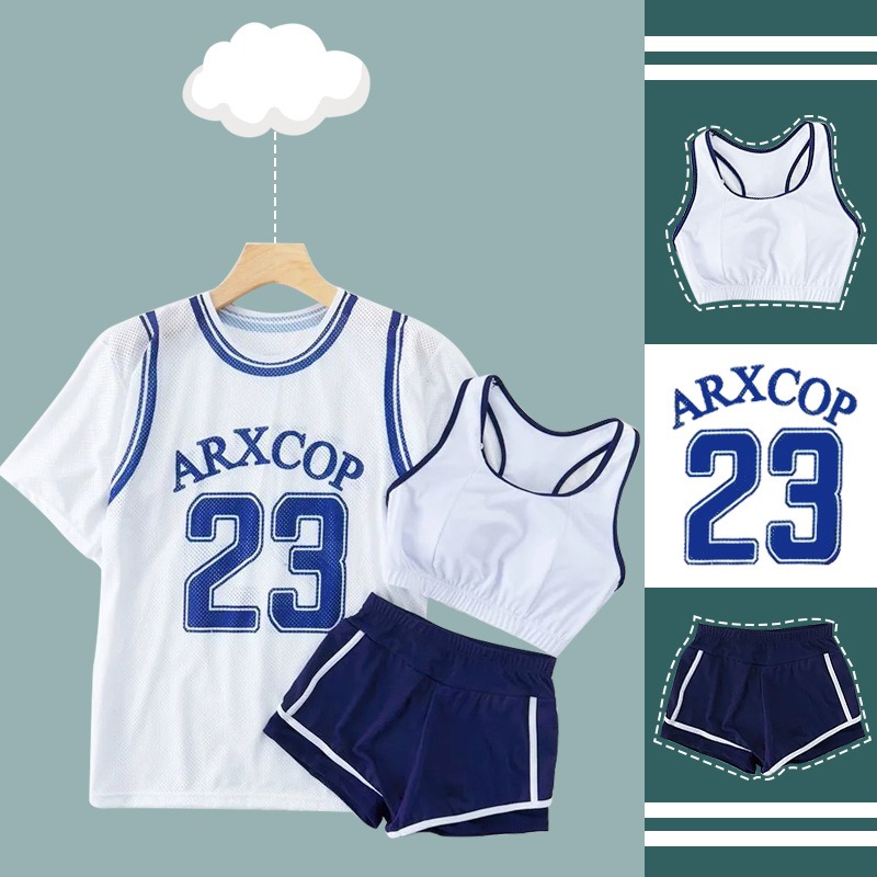 Women's 3 Piece Swim Set White Mesh Basketball Jersey Cover Up Number Print With Matching Bikini For Summer Beach Pool Vacation